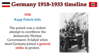 1920
Kapp Putsch fails
The putsch was a violent
attempt to overthrow the
democratic Weimar
Government. It failed when
most Germans joined a general
strike in protest.
 