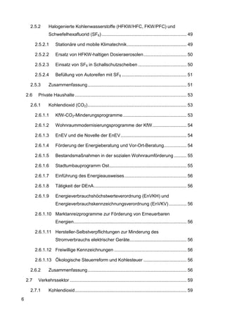 2.5.2        Halogenierte Kohlenwasserstoffe (HFKW/HFC, FKW/PFC) und
                   Schwefelhexafluorid (SF6) ................................................................... 49

          2.5.2.1       Stationäre und mobile Klimatechnik ............................................... 49

          2.5.2.2       Ersatz von HFKW-haltigen Dosieraerosolen .................................. 50

          2.5.2.3       Einsatz von SF6 in Schallschutzscheiben ...................................... 50

          2.5.2.4       Befüllung von Autoreifen mit SF6 ................................................... 51

      2.5.3        Zusammenfassung .............................................................................. 51

    2.6     Private Haushalte ........................................................................................ 53

      2.6.1        Kohlendioxid (CO2) .............................................................................. 53

          2.6.1.1       KfW-CO2-Minderungsprogramme .................................................. 53

          2.6.1.2       Wohnraummodernisierungsprogramme der KfW ........................... 54

          2.6.1.3       EnEV und die Novelle der EnEV .................................................... 54

          2.6.1.4       Förderung der Energieberatung und Vor-Ort-Beratung.................. 54

          2.6.1.5       Bestandsmaßnahmen in der sozialen Wohnraumförderung .......... 55

          2.6.1.6       Stadtumbauprogramm Ost ............................................................. 55

          2.6.1.7       Einführung des Energieausweises ................................................. 56

          2.6.1.8       Tätigkeit der DEnA ......................................................................... 56

          2.6.1.9       Energieverbrauchshöchstwerteverordnung (EnVKH) und
                        Energieverbrauchskennzeichnungsverordnung (EnVKV) .............. 56

          2.6.1.10 Marktanreizprogramme zur Förderung von Erneuerbaren
                        Energien......................................................................................... 56

          2.6.1.11 Hersteller-Selbstverpflichtungen zur Minderung des
                        Stromverbrauchs elektrischer Geräte............................................. 56

          2.6.1.12 Freiwillige Kennzeichnungen ......................................................... 56

          2.6.1.13 Ökologische Steuerreform und Kohlesteuer .................................. 56

      2.6.2        Zusammenfassung .............................................................................. 56

    2.7     Verkehrssektor ............................................................................................ 59

      2.7.1        Kohlendioxid ........................................................................................ 59
6
 