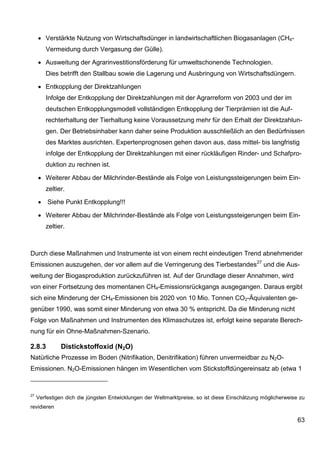 • Verstärkte Nutzung von Wirtschaftsdünger in landwirtschaftlichen Biogasanlagen (CH4-
         Vermeidung durch Vergasung der Gülle).

     • Ausweitung der Agrarinvestitionsförderung für umweltschonende Technologien.
         Dies betrifft den Stallbau sowie die Lagerung und Ausbringung von Wirtschaftsdüngern.

     • Entkopplung der Direktzahlungen
         Infolge der Entkopplung der Direktzahlungen mit der Agrarreform von 2003 und der im
         deutschen Entkopplungsmodell vollständigen Entkopplung der Tierprämien ist die Auf-
         rechterhaltung der Tierhaltung keine Voraussetzung mehr für den Erhalt der Direktzahlun-
         gen. Der Betriebsinhaber kann daher seine Produktion ausschließlich an den Bedürfnissen
         des Marktes ausrichten. Expertenprognosen gehen davon aus, dass mittel- bis langfristig
         infolge der Entkopplung der Direktzahlungen mit einer rückläufigen Rinder- und Schafpro-
         duktion zu rechnen ist.

     • Weiterer Abbau der Milchrinder-Bestände als Folge von Leistungssteigerungen beim Ein-
         zeltier.

     •   Siehe Punkt Entkopplung!!!

     • Weiterer Abbau der Milchrinder-Bestände als Folge von Leistungssteigerungen beim Ein-
         zeltier.



Durch diese Maßnahmen und Instrumente ist von einem recht eindeutigen Trend abnehmender
Emissionen auszugehen, der vor allem auf die Verringerung des Tierbestandes27 und die Aus-
weitung der Biogasproduktion zurückzuführen ist. Auf der Grundlage dieser Annahmen, wird
von einer Fortsetzung des momentanen CH4-Emissionsrückgangs ausgegangen. Daraus ergibt
sich eine Minderung der CH4-Emissionen bis 2020 von 10 Mio. Tonnen CO2-Äquivalenten ge-
genüber 1990, was somit einer Minderung von etwa 30 % entspricht. Da die Minderung nicht
Folge von Maßnahmen und Instrumenten des Klimaschutzes ist, erfolgt keine separate Berech-
nung für ein Ohne-Maßnahmen-Szenario.

2.8.3          Distickstoffoxid (N2O)
Natürliche Prozesse im Boden (Nitrifikation, Denitrifikation) führen unvermeidbar zu N2O-
Emissionen. N2O-Emissionen hängen im Wesentlichen vom Stickstoffdüngereinsatz ab (etwa 1



27
     Verfestigen dich die jüngsten Entwicklungen der Weltmarktpreise, so ist diese Einschätzung möglicherweise zu
revidieren

                                                                                                              63
 