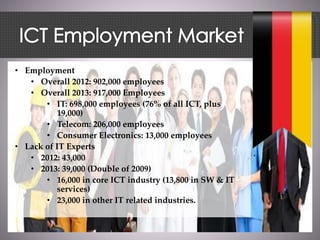• Employment
• Overall 2012: 902,000 employees
• Overall 2013: 917,000 Employees
• IT: 698,000 employees (76% of all ICT, plus
19,000)
• Telecom: 206,000 employees
• Consumer Electronics: 13,000 employees
• Lack of IT Experts
• 2012: 43,000
• 2013: 39,000 (Double of 2009)
• 16,000 in core ICT industry (13,800 in SW & IT
services)
• 23,000 in other IT related industries.
 
