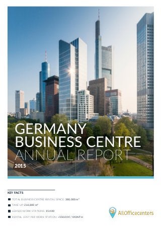 TOTAL BUSINESS CENTRE RENTAL SPACE: 380,000 m²
TAKE UP: 261,800 m²
LEASED WORK STATIONS: 15.400
RENTAL COST PER WORK STATION: ~550.00 € / MONTH
KEY FACTS
2015
GERMANY
BUSINESS CENTRE
ANNUAL REPORT
 