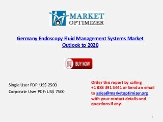 Germany Endoscopy Fluid Management Systems Market
Outlook to 2020
Single User PDF: US$ 2500
Corporate User PDF: US$ 7500
Order this report by calling
+1 888 391 5441 or Send an email
to sales@marketoptimizer.org
with your contact details and
questions if any.
1
 