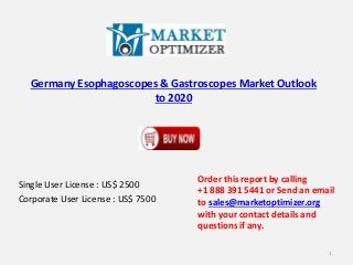 Germany Esophagoscopes & Gastroscopes Market Outlook
to 2020
Single User License : US$ 2500
Corporate User License : US$ 7500
Order this report by calling
+1 888 391 5441 or Send an email
to sales@marketoptimizer.org
with your contact details and
questions if any.
1
 