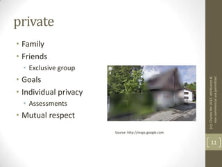 private
• Family
• Friends
  • Exclusive group
• Goals




                                                        (cc) Charles Rei 2012, attribution &
                                                             non-commercial use permitted
• Individual privacy
  • Assessments
• Mutual respect
                       Source: http://maps.google.com

                                                               11
 
