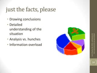 just the facts, please
• Drawing conclusions
• Detailed
  understanding of the
  situation




                         (cc) Charles Rei 2012, attribution &
                              non-commercial use permitted
• Analysis vs. hunches
• Information overload



                                14
 