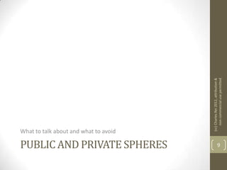 What to talk about and what to avoid

PUBLIC AND PRIVATE SPHERES




                                                (cc) Charles Rei 2012, attribution &
    9




                                                     non-commercial use permitted
 