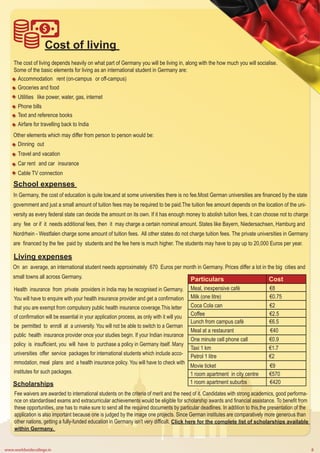 www.worldwidecollege.in 8
Cost of living
The cost of living depends heavily on what part of Germany you will be living in, along with the how much you will socialise.
Some of the basic elements for living as an international student in Germany are:
Accommodation rent (on-campus or off-campus)
Groceries and food
Utilities like power, water, gas, internet
Phone bills
Text and reference books
Airfare for travelling back to India
Other elements which may differ from person to person would be:
Dinning out
Travel and vacation
Car rent and car insurance
Cable TV connection
In Germany, the cost of education is quite low,and at some universities there is no fee.Most German universities are financed by the state
government and just a small amount of tuition fees may be required to be paid.The tuition fee amount depends on the location of the uni-
versity as every federal state can decide the amount on its own. If it has enough money to abolish tuition fees, it can choose not to charge
any fee or if it needs additional fees, then it may charge a certain nominal amount. States like Bayern, Niedersachsen, Hamburg and
Nordrhein - Westfalen charge some amount of tuition fees. All other states do not charge tuition fees. The private universities in Germany
are financed by the fee paid by students and the fee here is much higher. The students may have to pay up to 20,000 Euros per year.
School expenses
On an average, an international student needs approximately 670 Euros per month in Germany. Prices differ a lot in the big cities and
small towns all across Germany.
Living expenses
Particulars Cost
Meal, inexpensive café €8
Milk (one litre) €0.75
Coca Cola can €2
Coffee €2.5
Lunch from campus café €6.5
Meal at a restaurant €40
One minute cell phone call €0.9
Taxi 1 km €1.7
Petrol 1 litre €2
Movie ticket €9
1 room apartment in city centre €570
1 room apartment suburbs €420
Health insurance from private providers in India may be recognised in Germany.
You will have to enquire with your health insurance provider and get a confirmation
that you are exempt from compulsory public health insurance coverage.This letter
of confirmation will be essential in your application process, as only with it will you
be permitted to enroll at a university. You will not be able to switch to a German
public health insurance provider once your studies begin. If your Indian insurance
policy is insufficient, you will have to purchase a policy in Germany itself. Many
universities offer service packages for international students which include acco-
mmodation, meal plans and a health insurance policy. You will have to check with
institutes for such packages.
Fee waivers are awarded to international students on the criteria of merit and the need of it. Candidates with strong academics, good performa-
nce on standardised exams and extracurricular achievements would be eligible for scholarship awards and financial assistance. To benefit from
these opportunities, one has to make sure to send all the required documents by particular deadlines. In addition to this,the presentation of the
application is also important because one is judged by the image one projects. Since German institutes are comparatively more generous than
other nations, getting a fully-funded education in Germany isn’t very difficult. Click here for the complete list of scholarships available
within Germany.
Scholarships
 