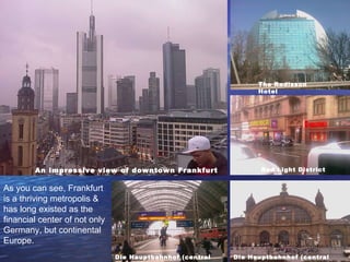 An impressive view of downtown Frankfurt The Radisson Hotel Red Light District Die Hauptbahnhof (central station) Die Hauptbahnhof (central station) As you can see, Frankfurt is a thriving metropolis & has long existed as the financial center of not only Germany, but continental Europe. 