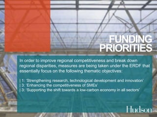 FUNDING 
PRIORITIES 
In order to improve regional competitiveness and break down 
regional disparities, measures are being taken under the ERDF that 
essentially focus on the following thematic objectives: 
| 1: ‘Strengthening research, technological development and innovation’ 
| 3: ‘Enhancing the competitiveness of SMEs’ 
| 3: ‘Supporting the shift towards a low-carbon economy in all sectors’ 
 