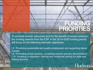 FUNDING 
PRIORITIES 
To promote human resources and for the benefit of social cohesion, 
the funding awards from the ESF in the 2014-2020 funding period 
will focus on the following thematic objectives: 
| 8: ‘Promoting sustainable and quality employment and supporting labour 
mobility’ 
| 9: ‘Promoting social inclusion, combating poverty and any discrimination’ 
| 10: ‘Investing in education, training and vocational training for skills and 
lifelong learning’. 
 