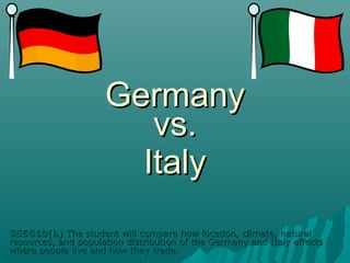 Germany
                        vs.
                       Italy
SS6G10(b) The student will compare how location, climate, natural
resources, and population distribution of the Germany and Italy affects
where people live and how they trade.
 