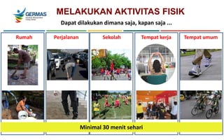 MELAKUKAN AKTIVITAS FISIK
Sekolah Tempat kerja
Rumah Perjalanan Tempat umum
Minimal 30 menit sehari
Dapat dilakukan dimana saja, kapan saja ...
 