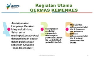 Kegiatan Utama
GERMAS KEMENKES
•Melaksanakan
kampanye Gerakan
Masyarakat Hidup
Sehat serta
meningkatkan advokasi
dan pembinaan daerah
dalam pelaksanaan
kebijakan Kawasan
Tanpa Rokok (KTR)
DITJEN KESMAS untuk RAKERKESNAS 2017 16
Meningkatkan
pendidikan
mengenai gizi
seimbang dan
pemberian Air Susu
Ibu (ASI) eksklusif,
serta aktivitas fisik
Meningkatkan
pelaksanaan deteksi
dini di Puskesmas
dan menyusun
panduan
pelaksanaan deteksi
dini di instansi
pemerintah dan
swasta
 