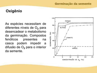 Oxigênio
As espécies necessitam de
diferentes níveis de O2 para
desencadear o metabolismo
da germinação. Compostos
fenólicos presentes na
casca podem impedir a
difusão de O2 para o interior
da semente.
 