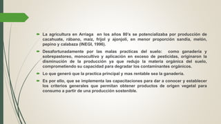  La agricultura en Arriaga en los años 80’s se potencializaba por producción de
cacahuate, rábano, maíz, frijol y ajonjolí, en menor proporción sandía, melón,
pepino y calabaza (INEGI, 1996).
 Desafortunadamente por las malas practicas del suelo: como ganadería y
sobrepastoreo, monocultivo y aplicación en exceso de pesticidas, originaron la
disminución de la producción ya que redujo la materia orgánica del suelo,
comprometiendo su capacidad para degradar los contaminantes orgánicos.
 Lo que generó que la practica principal y mas rentable sea la ganadería.
 Es por ello, que se implementa las capacitaciones para dar a conocer y establecer
los criterios generales que permitan obtener productos de origen vegetal para
consumo a partir de una producción sostenible.
 