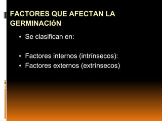 FACTORES QUE AFECTAN LA
GERMINACIóN
▪ Se clasifican en:
▪ Factores internos (intrínsecos):
▪ Factores externos (extrínsecos)
 