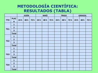 METODOLOGÍA CIENTÍFICA:
             RESULTADOS (TABLA)
                   JUDÍA                 MAÍZ                 TRIGO                 GIRASOL
      PLAC
TTO         24 h   48 h    72 h   24 h   48 h   72 h   24 h   48 h    72 h   24 h    48 h     72 h
       A
        1
        2
TG1
        3
      Total
        1
        2
TG2
        3
      Total
        1
        2
TG3     3
      Total
        1
        2
TG4
        3
      Total
 