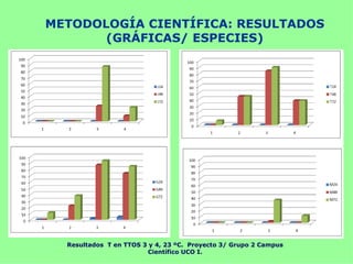 METODOLOGÍA CIENTÍFICA: RESULTADOS
       (GRÁFICAS/ ESPECIES)




  Resultados T en TTOS 3 y 4, 23 ºC. Proyecto 3/ Grupo 2 Campus
                         Científico UCO I.
 