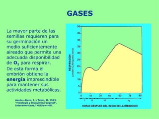 GASES

La mayor parte de las
semillas requieren para
su germinación un
medio suficientemente
aireado que permita una
adecuada disponibilidad
de O2 para respirar.
De esta forma el
embrión obtiene la
energía imprescindible
para mantener sus
actividades metabólicas.

   Azcón­­Bieto, J. y Talón, M. 1993.
   “Fisiología y Bioquímica Vegetal”.
   Interamericana/ McGraw­Hill.
 