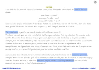 15
                                              NOTAS
   Las medidas se pueden variar fácilmente. Utilizo el concepto americano de medida de taza
   donde
                                         una taza = 250ml
                                       una cucharada = 15ml
                                      una cucharadita = 5 ml
   ahora como según el tamaño de tu taza todas las cantidades varían es flexible, con una taza
   más grande la receta te saldrá más copiosa y más amigos pueden disfrutar.


   Tu creatividad y gusto encima de todo, este libro es para ti:
   Te darás cuenta que en mis recetas te invito a que adaptes los ingredientes libremente a tu
   gusto. El regalo de la comida viva es que nos hacemos más sensibles a lo que nuestro
   cuerpo pide en cada instante y eso va cambiando. Tu intuición se irá desarrollando y refinando.
   Puedes echar más o menos grasa, endulzante o cantidad de cierto ingrediente. O ir
   reemplazando un ingrediente por otro. Como el raw food prescinde del calor en la preparación
   no hay tantos procesos (al)químicos que necesitan medidas exactas.


   Las recetas son ideales para ir conociendo todas las posibilidades de la crucina gourmet,
   siempre teniendo en cuenta que la alimentación más valiosa para tu bienestar y una vida larga y
   sana es la más natural y sencilla: muchas hojas verdes, frutas y verduras en su estado
   natural sin procesar - fast food verdadero!

www.vivirdivinamente.es                                                    quieres más inspiración y recetas?
 