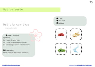 73

 Batido Verde


                                          5 min
                                          muy fácil
                                          batidora
 Delicia con Uvas
   Sorpresa de Otoño




       para 2 personas
2 plátanos
1 a 2 tazas de uvas rojas
2 a 3 tazas de espinacas o acelgas
1/4 taza de agua o más si es necesario                     v


   Preparación:
Mezcle todo en la licuadora y disfrute.




www.vivirdivinamente.es                               quieres más inspiración y recetas?
 