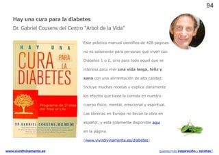 94

    Hay una cura para la diabetes
    Dr. Gabriel Cousens del Centro “Arbol de la Vida”

                                  Este práctico manual científico de 428 paginas

                                  no es solamente para personas que viven con

                                  Diabetes 1 o 2, sino para todo aquel que se

                                  interesa para vivir una vida larga, feliz y

                                  sana con una alimentación de alta calidad.

                                  Incluye muchas recetas y explica claramente

                                  los efectos que tiene la comida en nuestro

                                  cuerpo físico, mental, emocional y espiritual.

                                  Las librerías en Europa no llevan la obra en

                                  español, y está solamente disponible aqui

                                  en la página.

                                  (www.vivirdivinamente.es/diabetes)

www.vivirdivinamente.es                                                     quieres más inspiración y recetas?
 