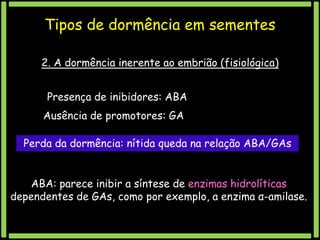 Tipos de dormência em sementes
2. A dormência inerente ao embrião (fisiológica)
Presença de inibidores: ABA
Ausência de promotores: GA
Perda da dormência: nítida queda na relação ABA/GAs
ABA: parece inibir a síntese de enzimas hidrolíticas
dependentes de GAs, como por exemplo, a enzima α-amilase.

 