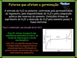 Fatores que afetam a germinação:
A entrada de H2O na semente: controlada pela permeabilidade
do tegumento, pela disponibilidade de H2O e pela composição
química das reservas da semente. Condições ótimas de
suprimento de H2O: a absorção de H2O pela semente possui 3
fases distintas
Fase I: embebição, com duração de 8 a 16 h
Fase II: intenso transporte das
substâncias quebradas na fase I, do
tecido de reserva para o tecido
meristemático

Fase III: as substâncias que foram
transportadas na segunda fase se
reorganizam para a formação da
parede celular, permitindo que o eixo
embrionário se desenvolva

 