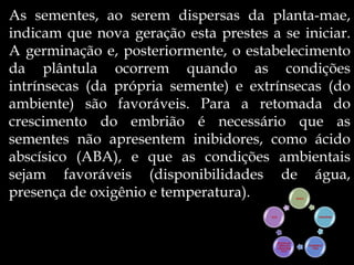 As sementes, ao serem dispersas da planta-mae,
indicam que nova geração esta prestes a se iniciar.
A germinação e, posteriormente, o estabelecimento
da plântula ocorrem quando as condições
intrínsecas (da própria semente) e extrínsecas (do
ambiente) são favoráveis. Para a retomada do
crescimento do embrião é necessário que as
sementes não apresentem inibidores, como ácido
abscísico (ABA), e que as condições ambientais
sejam favoráveis (disponibilidades de água,
presença de oxigênio e temperatura).                    ÁGUA




                                       LUZ                          OXIGÊNIO




                                             REGULAD
                                              ORES DO          TEMPERAT
                                             CRESCIME            URA
                                               NTO
 