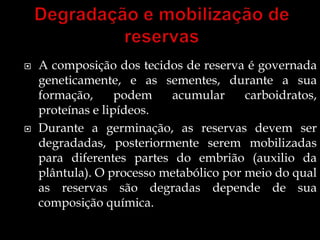    A composição dos tecidos de reserva é governada
    geneticamente, e as sementes, durante a sua
    formação,      podem   acumular      carboidratos,
    proteínas e lipídeos.
   Durante a germinação, as reservas devem ser
    degradadas, posteriormente serem mobilizadas
    para diferentes partes do embrião (auxilio da
    plântula). O processo metabólico por meio do qual
    as reservas são degradas depende de sua
    composição química.
 