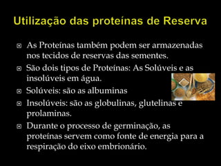    As Proteínas também podem ser armazenadas
    nos tecidos de reservas das sementes.
   São dois tipos de Proteínas: As Solúveis e as
    insolúveis em água.
   Solúveis: são as albuminas
   Insolúveis: são as globulinas, glutelinas e
    prolaminas.
   Durante o processo de germinação, as
    proteínas servem como fonte de energia para a
    respiração do eixo embrionário.
 