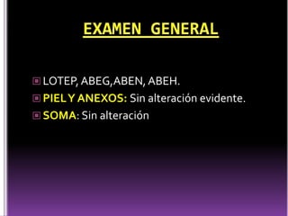 LOTEP,ABEG,ABEN,ABEH.
 PIELY ANEXOS: Sin alteración evidente.
 SOMA: Sin alteración
 