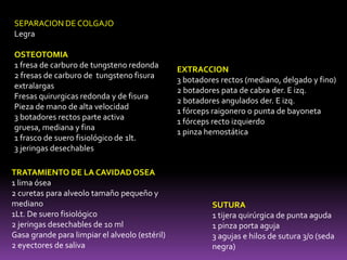 EXTRACCION
3 botadores rectos (mediano, delgado y fino)
2 botadores pata de cabra der. E izq.
2 botadores angulados der. E izq.
1 fórceps raigonero o punta de bayoneta
1 fórceps recto izquierdo
1 pinza hemostática
TRATAMIENTO DE LA CAVIDAD OSEA
1 lima ósea
2 curetas para alveolo tamaño pequeño y
mediano
1Lt. De suero fisiológico
2 jeringas desechables de 10 ml
Gasa grande para limpiar el alveolo (estéril)
2 eyectores de saliva
SUTURA
1 tijera quirúrgica de punta aguda
1 pinza porta aguja
3 agujas e hilos de sutura 3/0 (seda
negra)
SEPARACION DE COLGAJO
Legra
OSTEOTOMIA
1 fresa de carburo de tungsteno redonda
2 fresas de carburo de tungsteno fisura
extralargas
Fresas quirurgicas redonda y de fisura
Pieza de mano de alta velocidad
3 botadores rectos parte activa
gruesa, mediana y fina
1 frasco de suero fisiológico de 1lt.
3 jeringas desechables
 