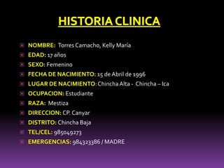 NOMBRE: Torres Camacho, Kelly María
 EDAD: 17 años
 SEXO: Femenino
 FECHA DE NACIMIENTO: 15 de Abril de 1996
 LUGAR DE NACIMIENTO:ChinchaAlta - Chincha – Ica
 OCUPACION: Estudiante
 RAZA: Mestiza
 DIRECCION: CP. Canyar
 DISTRITO: Chincha Baja
 TEL/CEL: 985049273
 EMERGENCIAS: 984323386 / MADRE
 