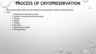 PROCESS OF CRYOPRESERVATION
1.
•The cryopreservation of plant cell culture followed by the regeneration of plants involves the following
steps:
• 1. Development of sterile tissue cultures
• 2. Addition of cryoprotectants and pre-treatment
• 3. Freezing
• 4. Storage
• 5. Thawing
• 6. Re-culture
• 7. Measurement of viability
• 8. Plant regeneration
 