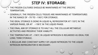 STEP IV: STORAGE:
• THE FROZEN CULTURES SHOULD BE MAINTAINED AT THE SPECIFIC
TEMPERATURE.
• GENERALLY, THE FROZEN CELLS/TISSUES ARE MAINTAINED AT TEMPERATURES
IN THE RANGE OF -70 TO -196°C FOR STORAGE.
• THE IDEAL STORAGE IS DONE IN LIQUID N2 REFRIGERATOR AT 150°C IN THE
VAPOUR PHASE, OR AT -196°C IN THE LIQUID PHASE.
• THE FINAL AIM OF STORAGE IS TO HALT ALL THE CELLULAR METABOLIC
ACTIVITIES AND PRESERVE THEIR VIABILITY.
• THE TEMPERATURE AT -196°C IN LIQUID NITROGEN IS REGARDED AS IDEAL FOR
LONG TERM STORAGE.
• A REGULAR AND CONSTANT SUPPLY OF LIQUID NITROGEN TO THE LIQUID
NITROGEN REFRIGERATOR IS NECESSARY.
 