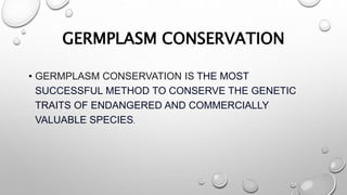 GERMPLASM CONSERVATION
• GERMPLASM CONSERVATION IS THE MOST
SUCCESSFUL METHOD TO CONSERVE THE GENETIC
TRAITS OF ENDANGERED AND COMMERCIALLY
VALUABLE SPECIES.
 