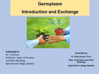Germplasm
Introduction and Exchange
Submitted by
G. Vinay Kumar, Ph.D
Dept. of Genetics and Plant
Breeding
Agricultural college, Bapatla
Submitted to
Dr. T. Srinivas,
Professor , Dept. of Genetics
and Plant Breeding,
Agricultural College, Bapatla
 