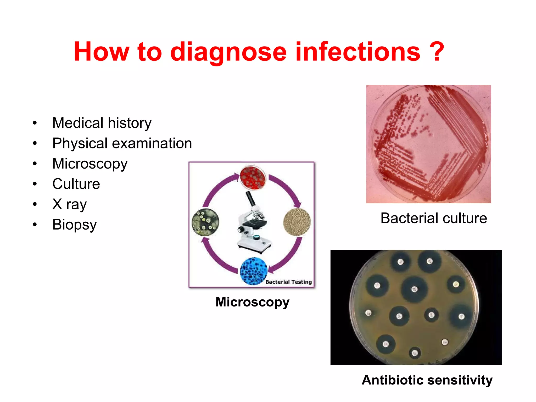 How to diagnose infections ? Medical history Physical examination Microscopy Culture X ray Biopsy Antibiotic sensitivity Bacterial culture Microscopy 