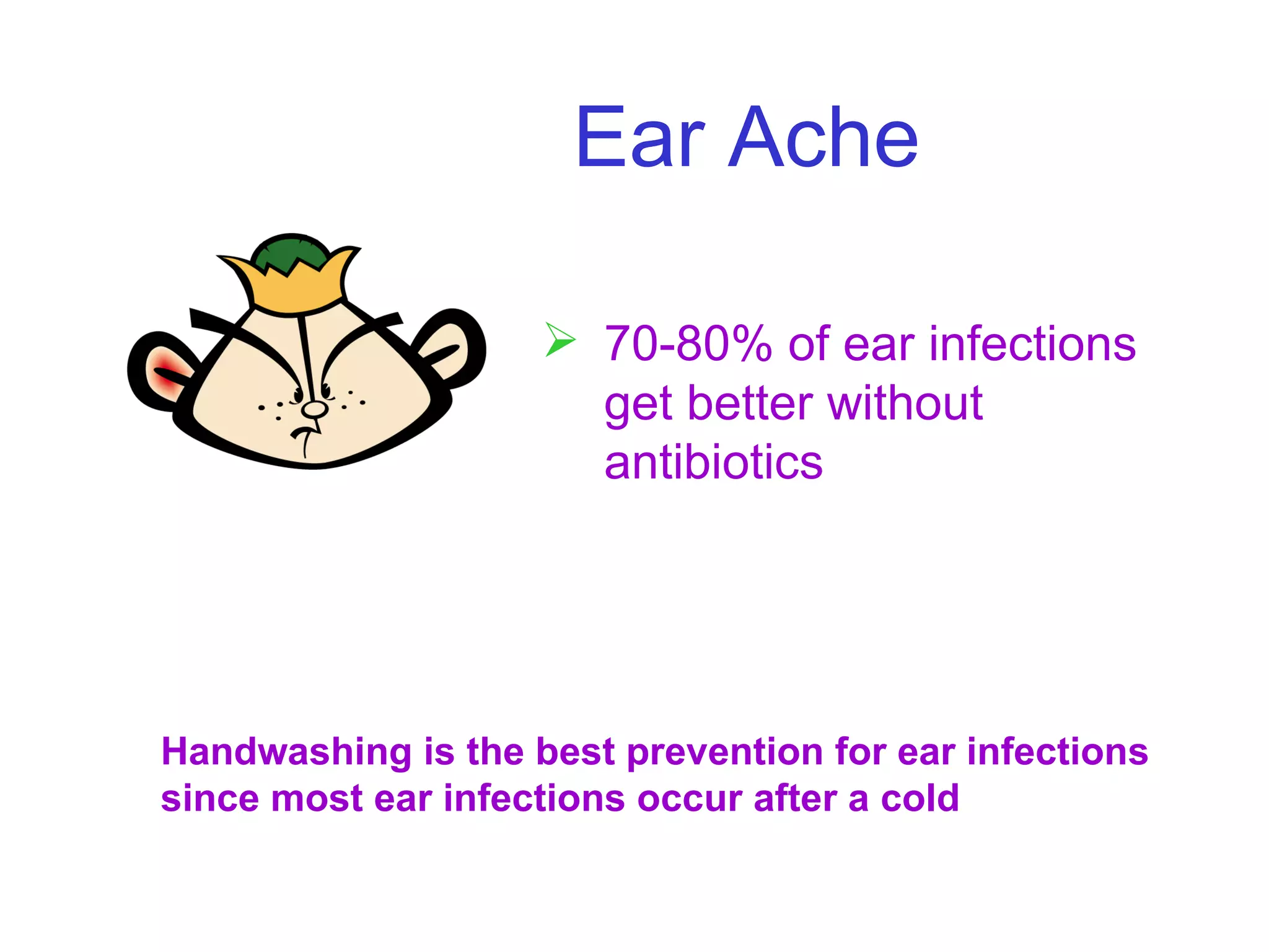 Ear Ache 70-80% of ear infections get better without antibiotics Handwashing is the best prevention for ear infections since most ear infections occur after a cold 
