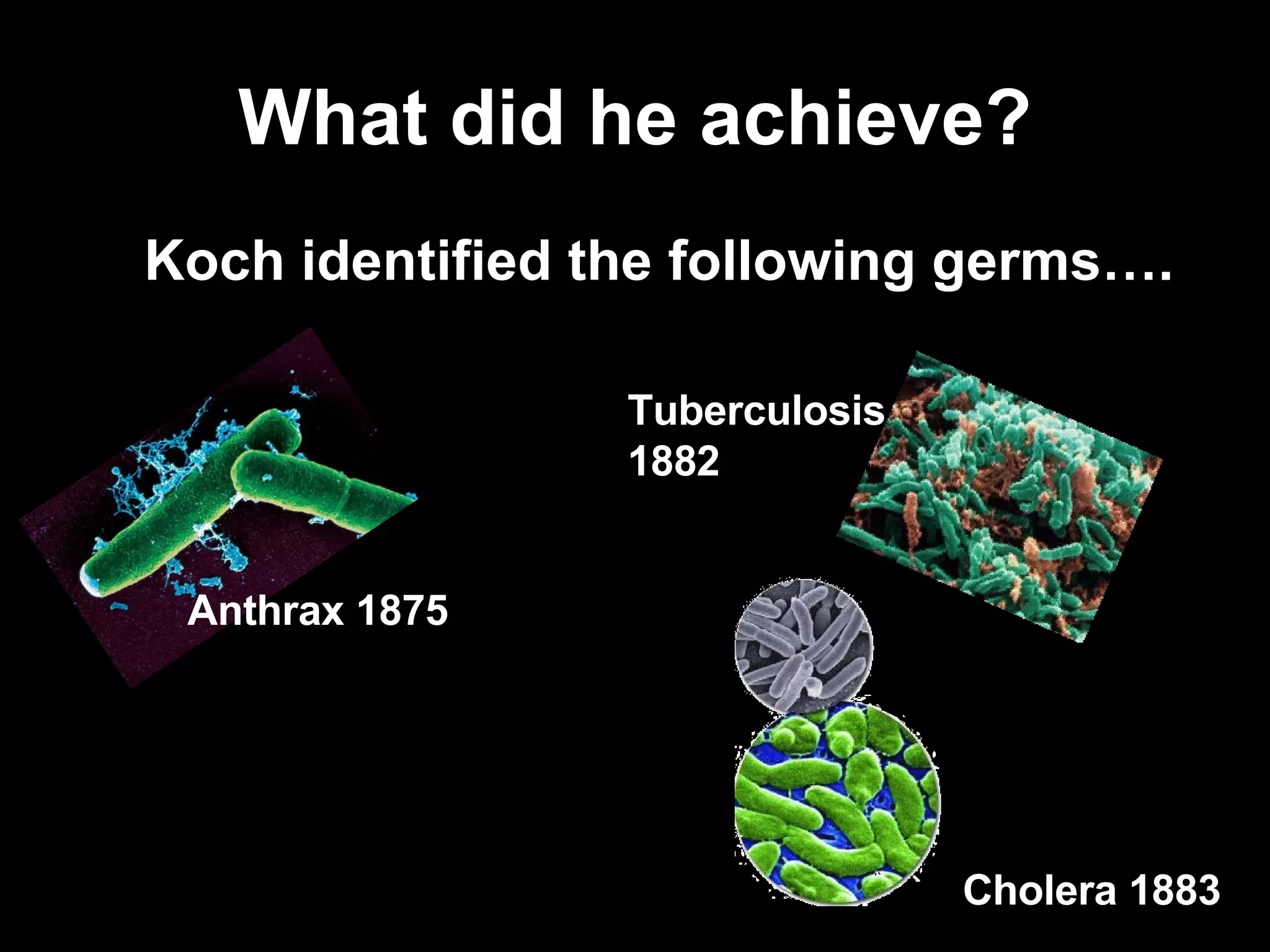 What did he achieve? Koch identified the following germs…. Anthrax 1875 Tuberculosis 1882 Cholera 1883 