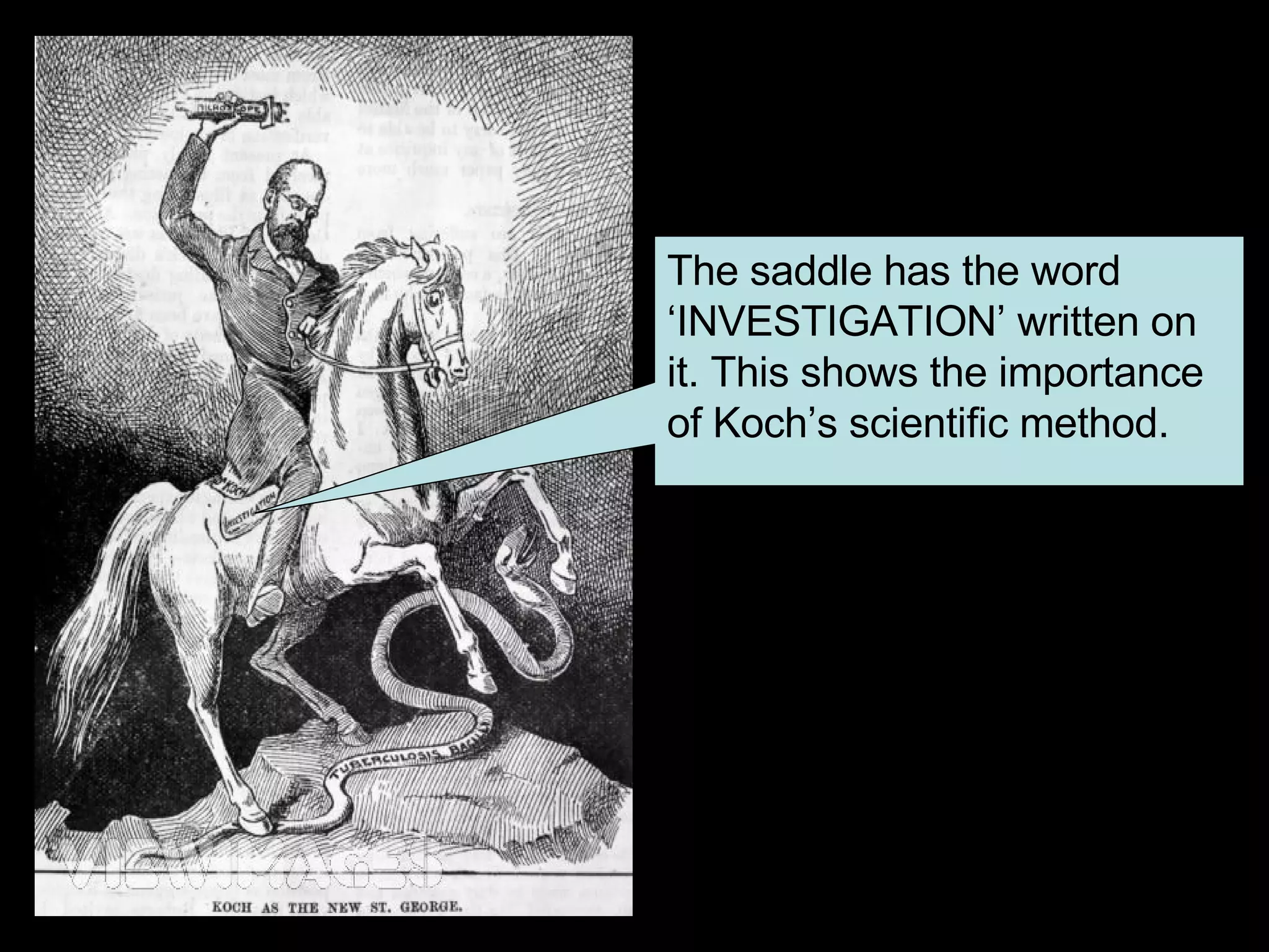 The saddle has the word ‘INVESTIGATION’ written on it. This shows the importance of Koch’s scientific method. 
