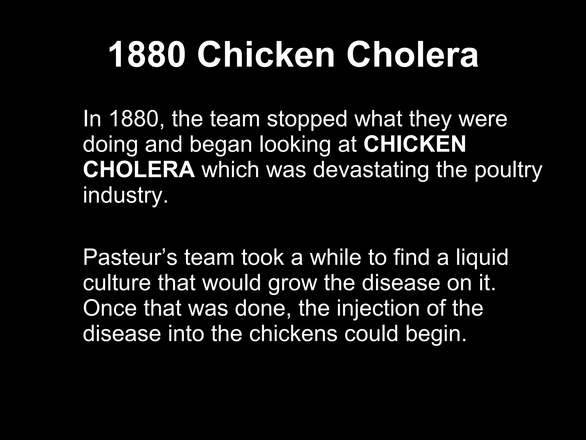 1880 Chicken Cholera In 1880, the team stopped what they were doing and began looking at  CHICKEN CHOLERA  which was devastating the poultry industry. Pasteur’s team took a while to find a liquid culture that would grow the disease on it. Once that was done, the injection of the disease into the chickens could begin.  