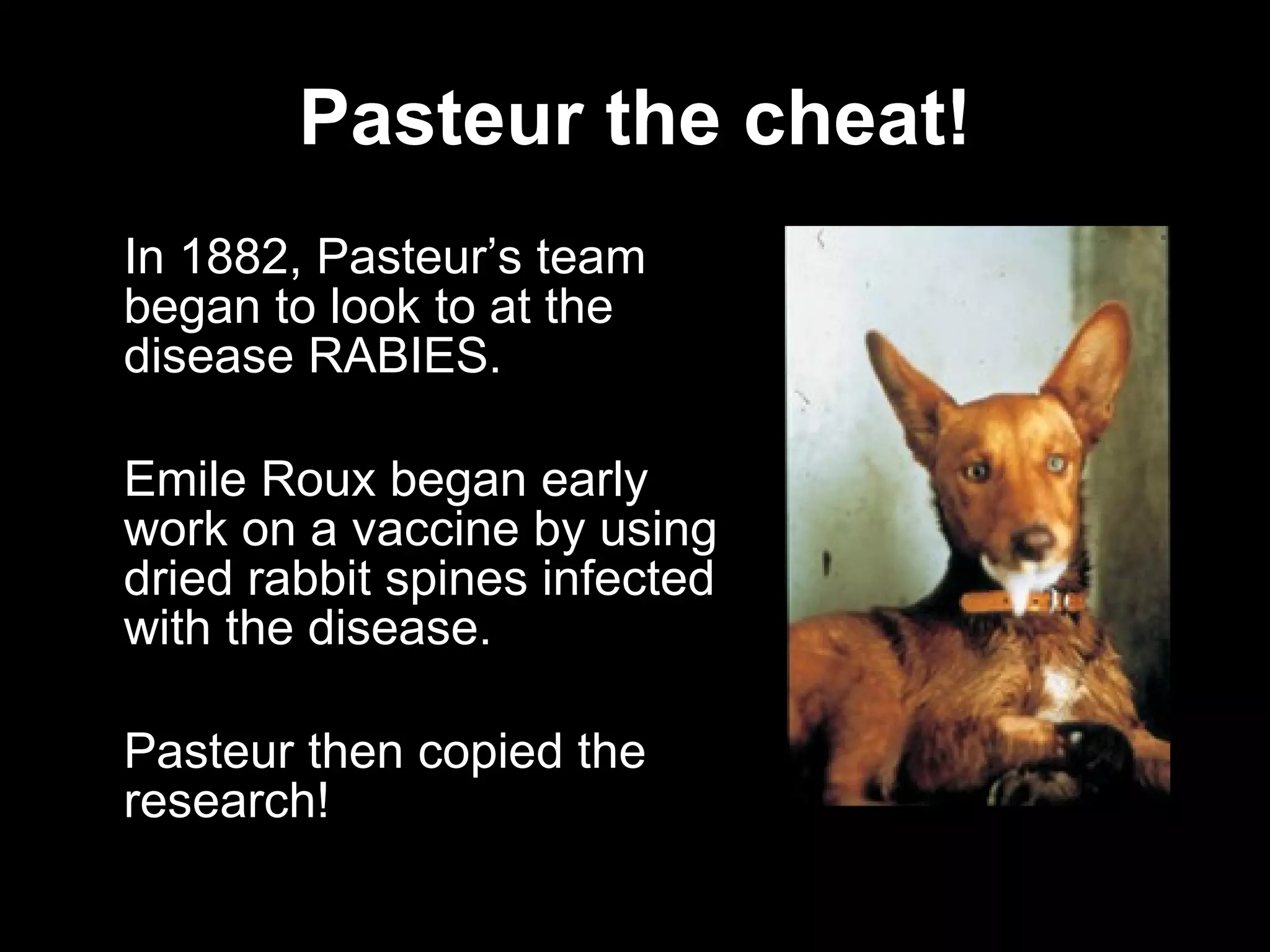 Pasteur the cheat! In 1882, Pasteur’s team began to look to at the disease RABIES. Emile Roux began early work on a vaccine by using dried rabbit spines infected with the disease. Pasteur then copied the research!  