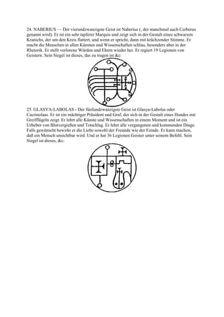 24. NABERIUS — Der vierundzwanzigste Geist ist Naberius (, der manchmal auch Cerberus
genannt wird). Er ist ein sehr tapferer Marquis und zeigt sich in der Gestalt eines schwarzen
Kranichs, der um den Kreis flattert, und wenn er spricht, dann mit krächzender Stimme. Er
macht die Menschen in allen Künsten und Wissenschaften schlau, besonders aber in der
Rhetorik. Er stellt verlorene Würden und Ehren wieder her. Er regiert 19 Legionen von
Geistern. Sein Siegel ist dieses, das zu tragen ist &c:




25. GLASYA-LABOLAS - Der fünfundzwanzigste Geist ist Glasya-Labolas oder
Cacrinolaas. Er ist ein mächtiger Präsident und Graf, der sich in der Gestalt eines Hundes mit
Greifflügeln zeigt. Er lehrt alle Künste und Wissenschaften in einem Moment und ist ein
Urheber von Blutvergießen und Totschlag. Er lehrt alle vergangenen und kommenden Dinge.
Falls gewünscht bewirkt er die Liebe sowohl der Freunde wie der Feinde. Er kann machen,
daß ein Mensch unsichtbar wird. Und er hat 36 Legionen Geister unter seinem Befehl. Sein
Siegel ist dieses, &c:
 