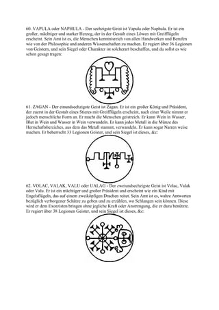 60. VAPULA oder NAPHULA - Der sechzigste Geist ist Vapula oder Naphula. Er ist ein
großer, mächtiger und starker Herzog, der in der Gestalt eines Löwen mit Greifflügeln
erscheint. Sein Amt ist es, die Menschen kenntnisreich von allen Handwerken und Berufen
wie von der Philosophie und anderen Wissenschaften zu machen. Er regiert über 36 Legionen
von Geistern, und sein Siegel oder Charakter ist solcherart beschaffen, und du sollst es wie
schon gesagt tragen:




61. ZAGAN - Der einundsechzigste Geist ist Zagan. Er ist ein großer König und Präsident,
der zuerst in der Gestalt eines Stieres mit Greifflügeln erscheint, nach einer Weile nimmt er
jedoch menschliche Form an. Er macht die Menschen geistreich. Er kann Wein in Wasser,
Blut in Wein und Wasser in Wein verwandeln. Er kann jedes Metall in die Münze des
Herrschaftsbereiches, aus dem das Metall stammt, verwandeln. Er kann sogar Narren weise
machen. Er beherrscht 33 Legionen Geister, und sein Siegel ist dieses, &c:




62. VOLAC, VALAK, VALU oder UALAG - Der zweiundsechzigste Geist ist Volac, Valak
oder Valu. Er ist ein mächtiger und großer Präsident und erscheint wie ein Kind mit
Engelsflügeln, das auf einem zweiköpfigen Drachen reitet. Sein Amt ist es, wahre Antworten
bezüglich verborgener Schätze zu geben und zu erzählen, wo Schlangen sein können. Diese
wird er dem Exorzisten bringen ohne jegliche Kraft oder Anstrengung, die er dazu benützte.
Er regiert über 38 Legionen Geister, und sein Siegel ist dieses, &c:
 