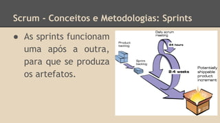 Scrum - Conceitos e Metodologias: Sprints
● As sprints funcionam
uma após a outra,
para que se produza
os artefatos.
 