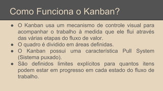 Como Funciona o Kanban?
● O Kanban usa um mecanismo de controle visual para
acompanhar o trabalho à medida que ele flui através
das várias etapas do fluxo de valor.
● O quadro é dividido em áreas definidas.
● O Kanban possui uma característica Pull System
(Sistema puxado).
● São definidos limites explícitos para quantos itens
podem estar em progresso em cada estado do fluxo de
trabalho.
 