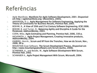 AgileManifesto, Manifesto for Agile Software Development, 2001. Disponível em http://agilemanifesto.org/ [Novembro, 2005]. ANDERSON, D. J., Agile Management for Software Engineering, Applying the Theory of Constraints for Business Results, Prentice Hall, 2003. BOEHM, B., A View of 20th and 21st Century Software Engineering, ICSE 2006. BOEHM, B. and Turner, R., Balancing Agility and Discipline A Guide for the Perplexed, AddisonWesley, 2003. COHN, Mike, Agile Estimating and Planning, Prentice Hall, 2006, 330 p. HIGHSMITH, J., Agile Project Management, Creating innovative products, AddisonWesley, 2004. KNIBERG, Henrik., Scrum and XP from the Trenches, How we do Scrum, Nov., 2006, 90 p. MOUNTAIN Goat Software, The Scrum Development Process, Disponívelem http://www.mountaingoatsoftware.com/Scrum [Junho, 2006]. SCHWABER, K., and Beedle, M., Agile Software Development With Scrum, Prentice Hall, 2002. SCHWABER K., Agile Project Management With Scrum, Microsoft, 2004. Referências