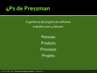 4Ps de PressmanA gerência de projeto de software trabalha com 4 fatores: PessoasProdutoProcessoProjetoPUC-SP / TIDD / TIDA - Gerência de Projeto de Software  - Nivaldo Silva4